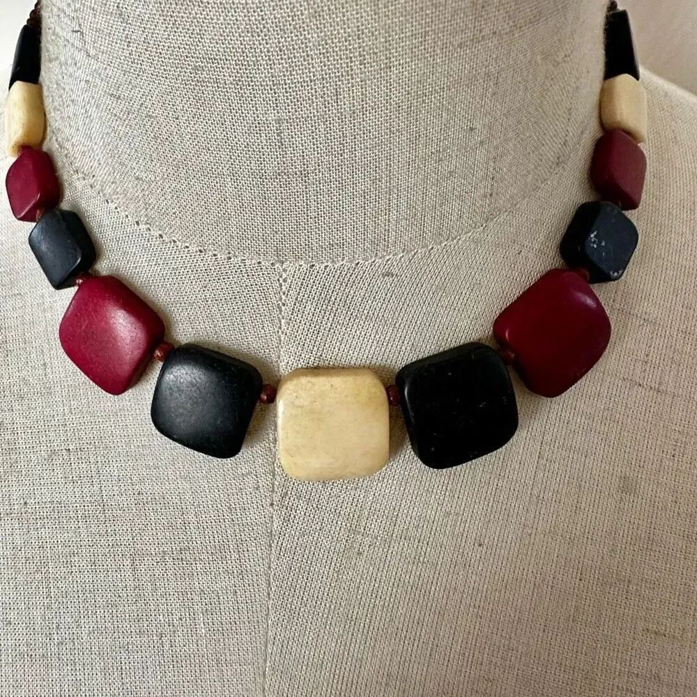 Red black and cream square beaded necklace